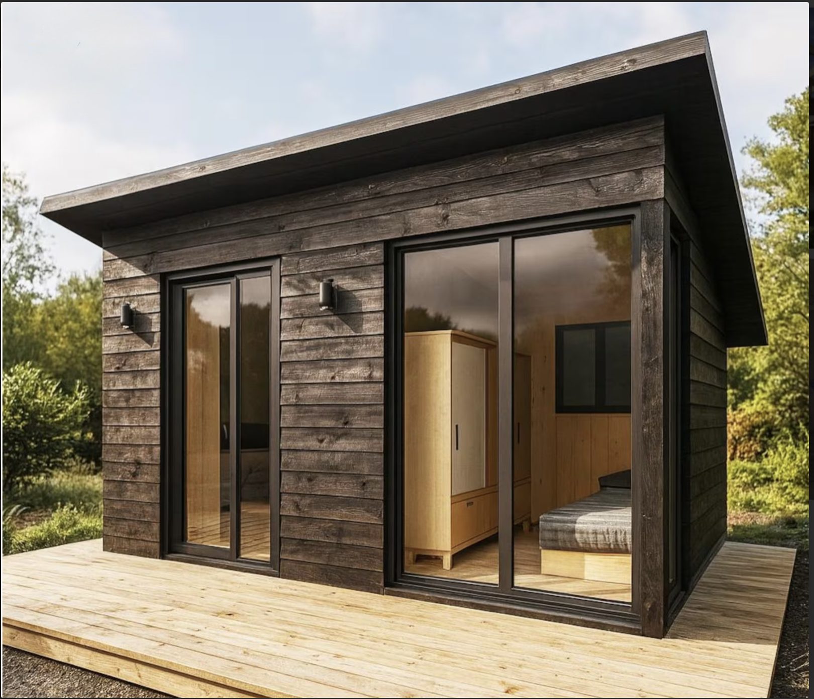 Backyard studio exterior with dark cladding and full-height sliding glass doors